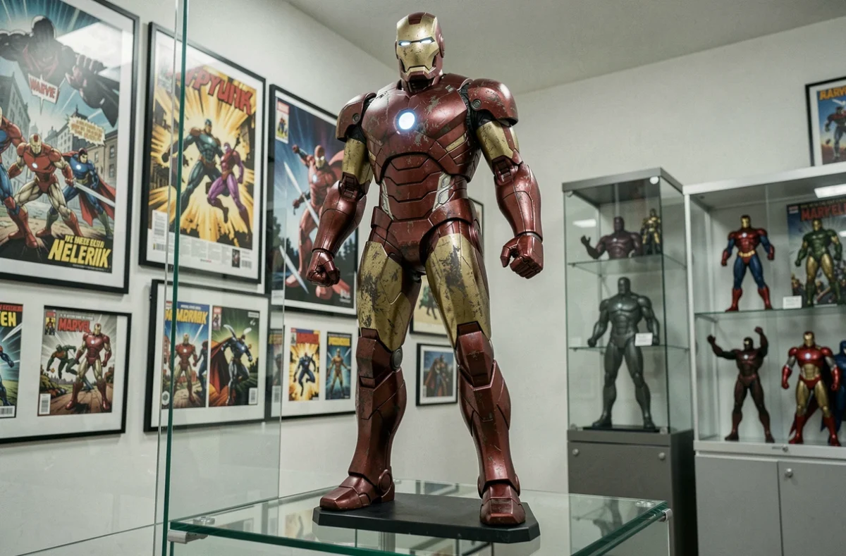 Grande statue Iron Man dans une salle de collection avec vitrine et affiches Marvel encadrées