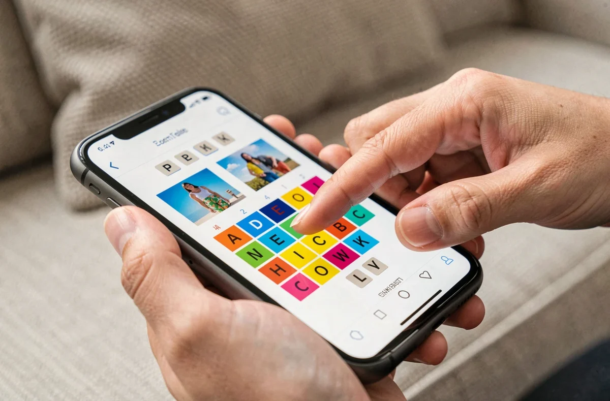 Gros plan de mains saisissant des lettres sur un jeu 4 images 1 mot à 6 lettres sur smartphone