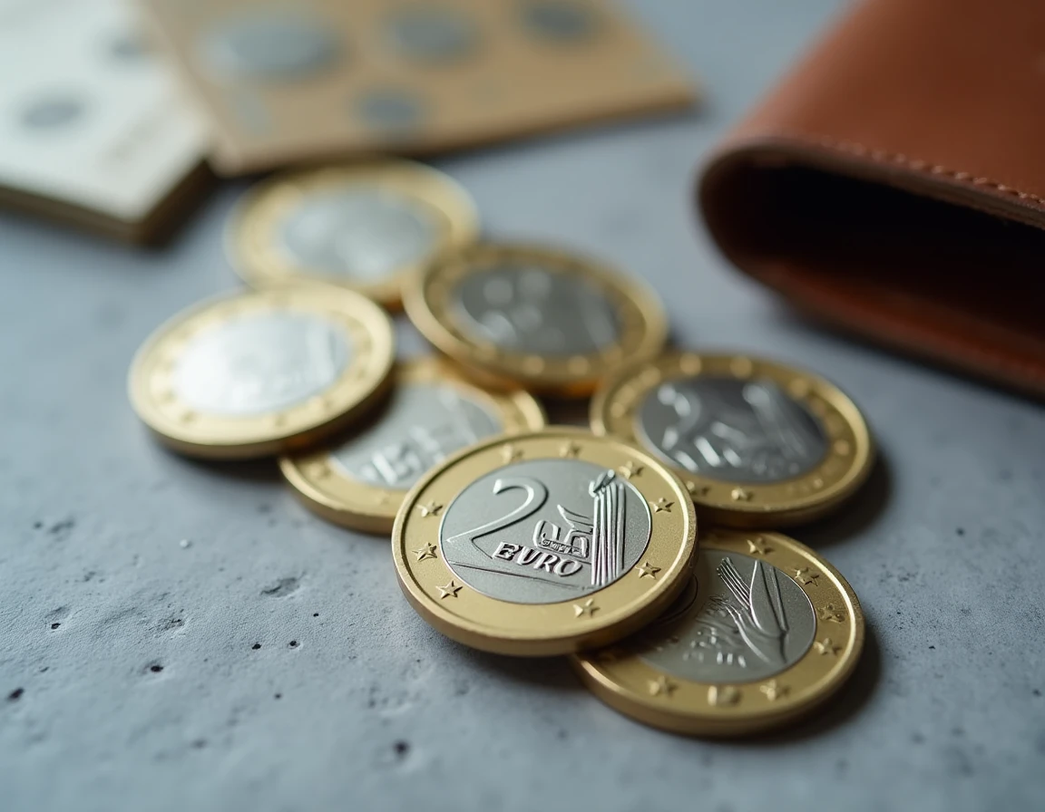 Gros plan sur plusieurs pièces de 2 euros posées sur pierre avec guide de référence numismatique