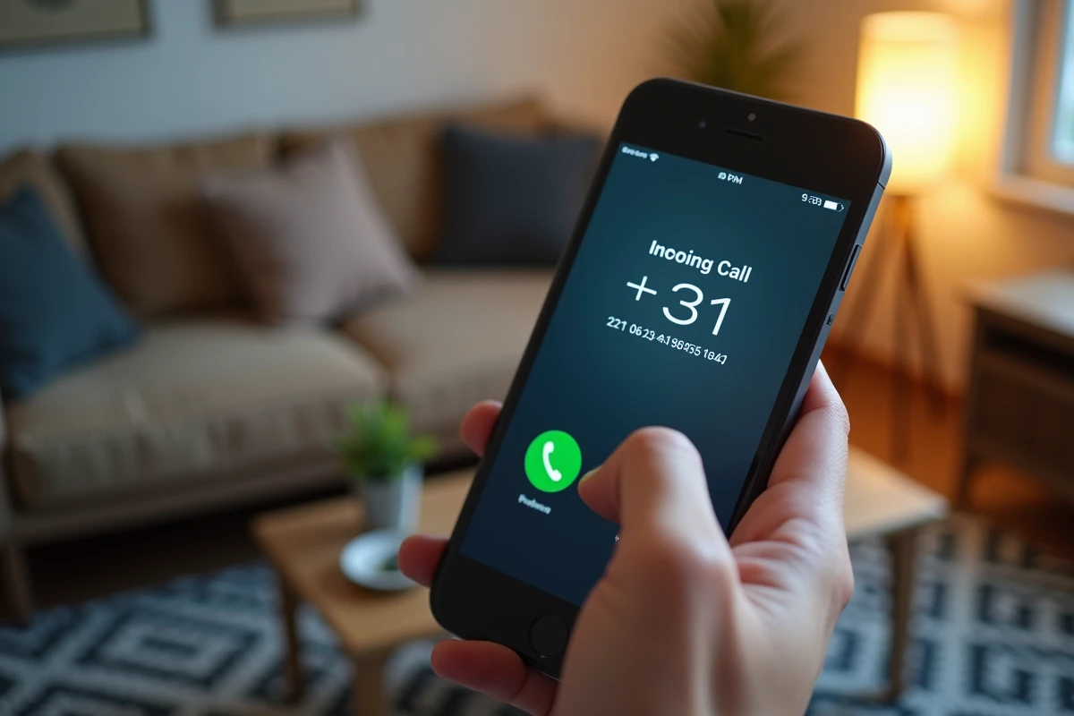 Gros plan d'un smartphone affichant un appel entrant avec l'indicatif international +31 des Pays-Bas