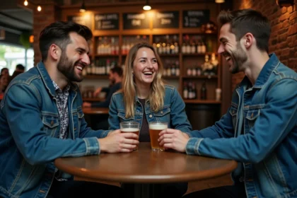 Groupe d'amis riant dans un bar convivial ambiance chaleureuse