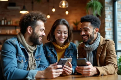 Trois amis souriants dans un café urbain convivial