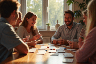 Groupe d'amis jouant à SkipBo autour d'une table en journée