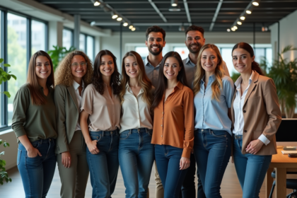 Groupe divers d'employes de bureau en espace moderne