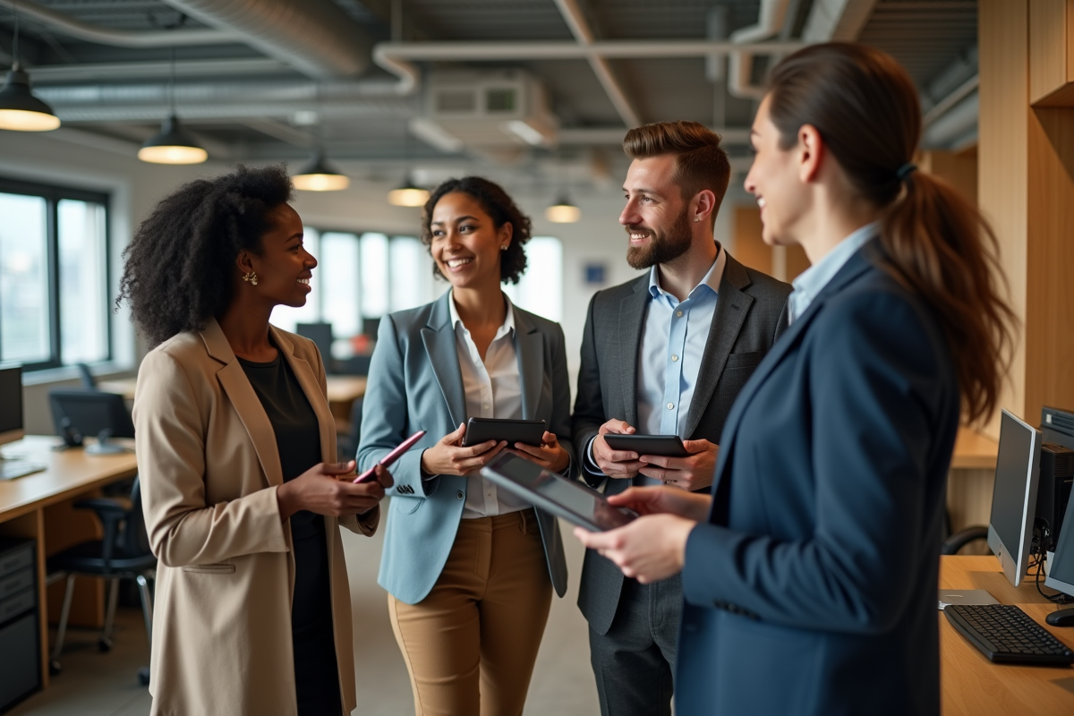 Groupe divers de professionnels en discussion dans un bureau moderne