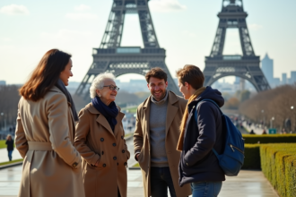 Groupe de touristes devant la tour Eiffel à Paris