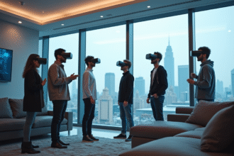 Groupe diversifié portant des casques VR dans un salon moderne
