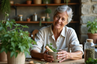 Femme préparant des remèdes herbes dans une cuisine lumineuse