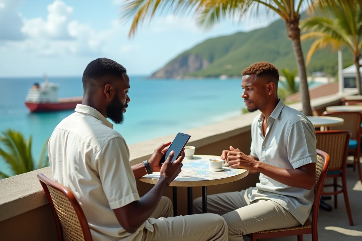 Jeune homme consultant l'heure sur son téléphone dans un café en bord de mer à Nouméa
