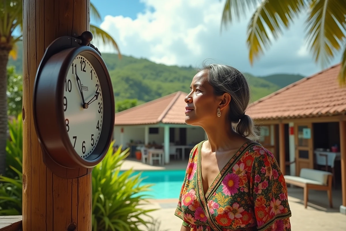 Femme kanak regardant une horloge murale dans un marché de Nouméa en Nouvelle-Calédonie
