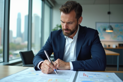 Homme d'affaires en costume bleu examine des documents immobiliers