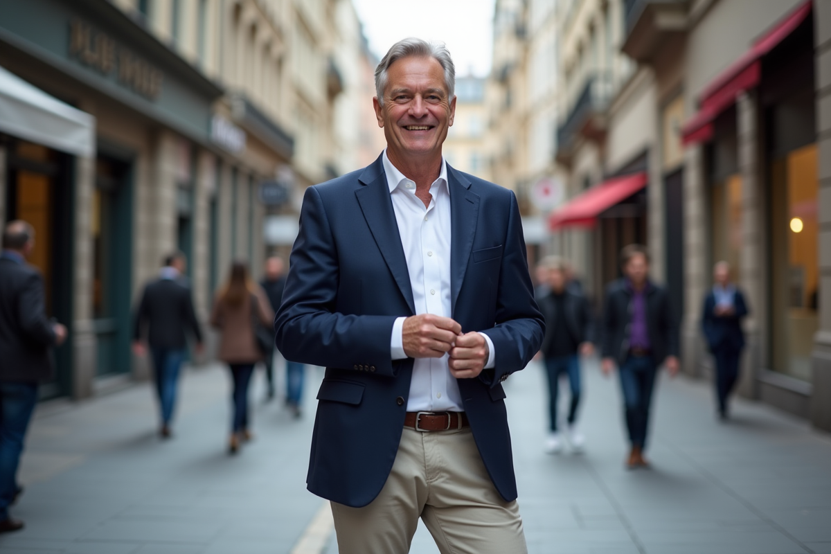 Homme en blazer ajustant ses manches dans une rue urbaine