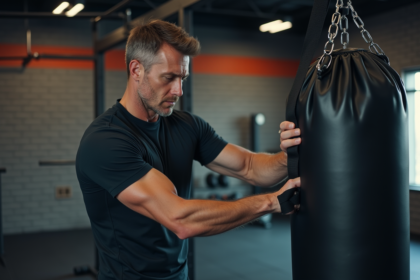 Homme musclé ajustant une sac de boxe dans salle moderne