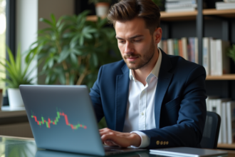 Jeune homme professionnel regardant graphiques crypto sur ordinateur