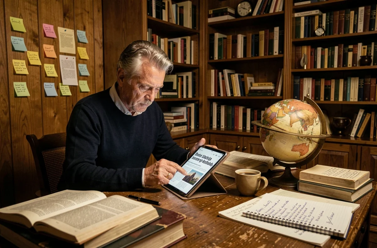 Homme en pull marine lisant un article sur une tablette dans un bureau encombré de livres, symbolisant la recherche critique entre mythe et réalité