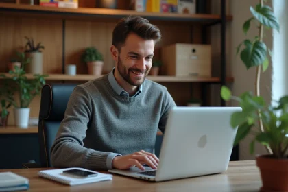 Homme concentré sur son ordinateur dans un bureau moderne
