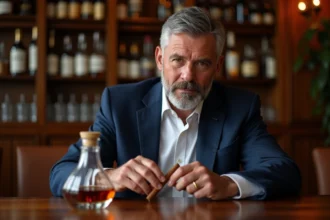 Homme d'âge moyen avec cigare et cognac dans un cadre élégant