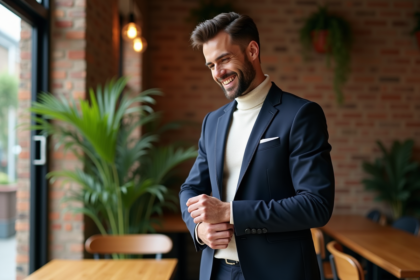 Homme élégant en blazer bleu dans un café urbain