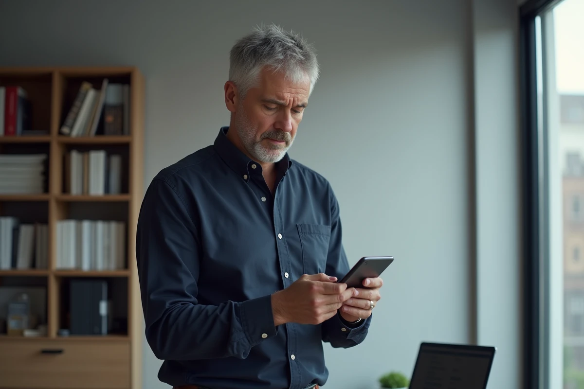 Homme utilisant le service client Sosh via smartphone dans un bureau à domicile pour résoudre un problème d'eSIM