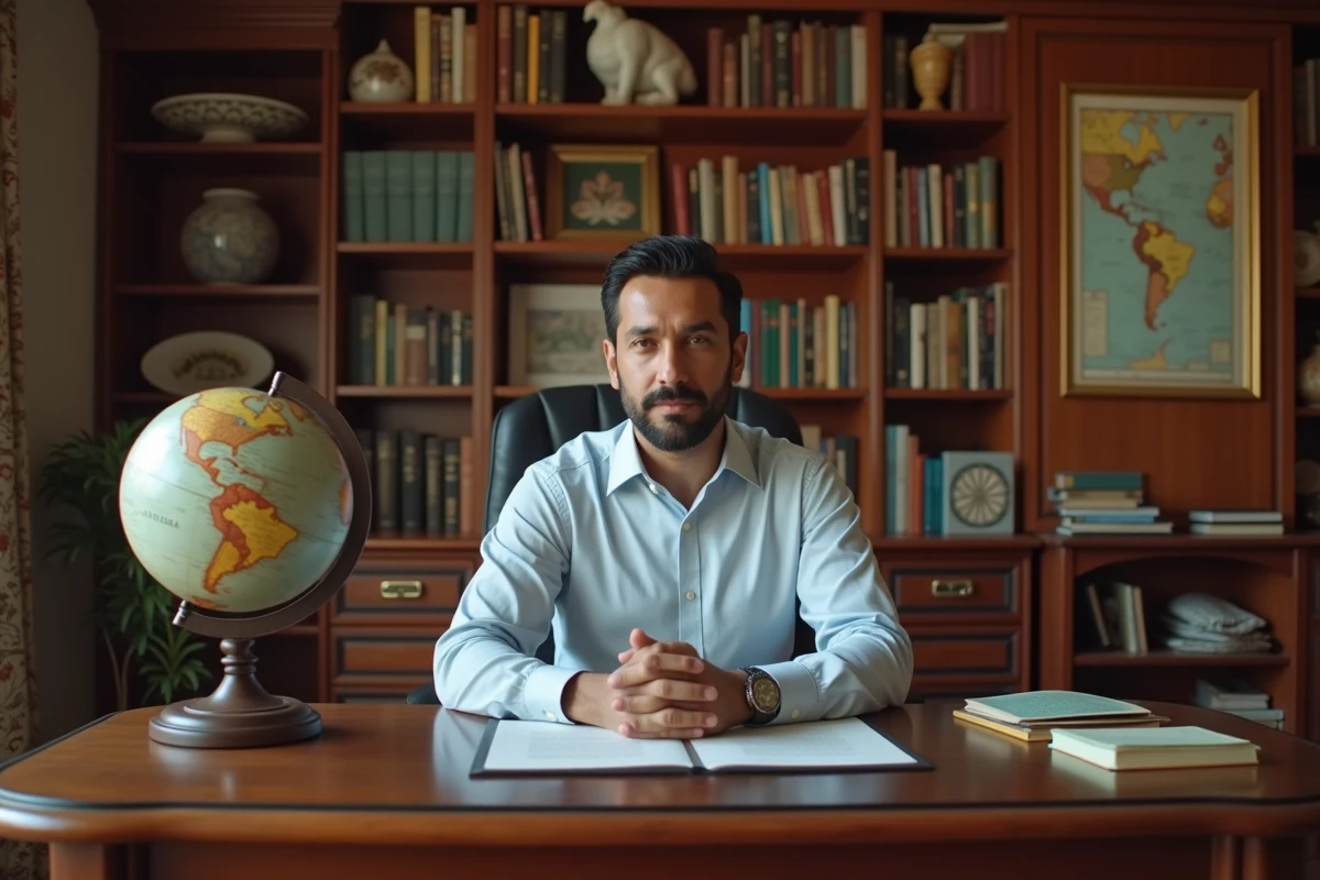 Homme latino lisant dans une bibliothèque chaleureuse