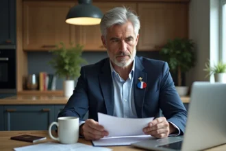 Homme d'âge moyen lisant des documents dans une cuisine moderne