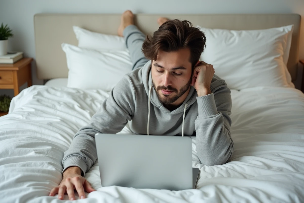 Jeune homme lisant un scan de webtoon sur son ordinateur portable dans une chambre minimaliste