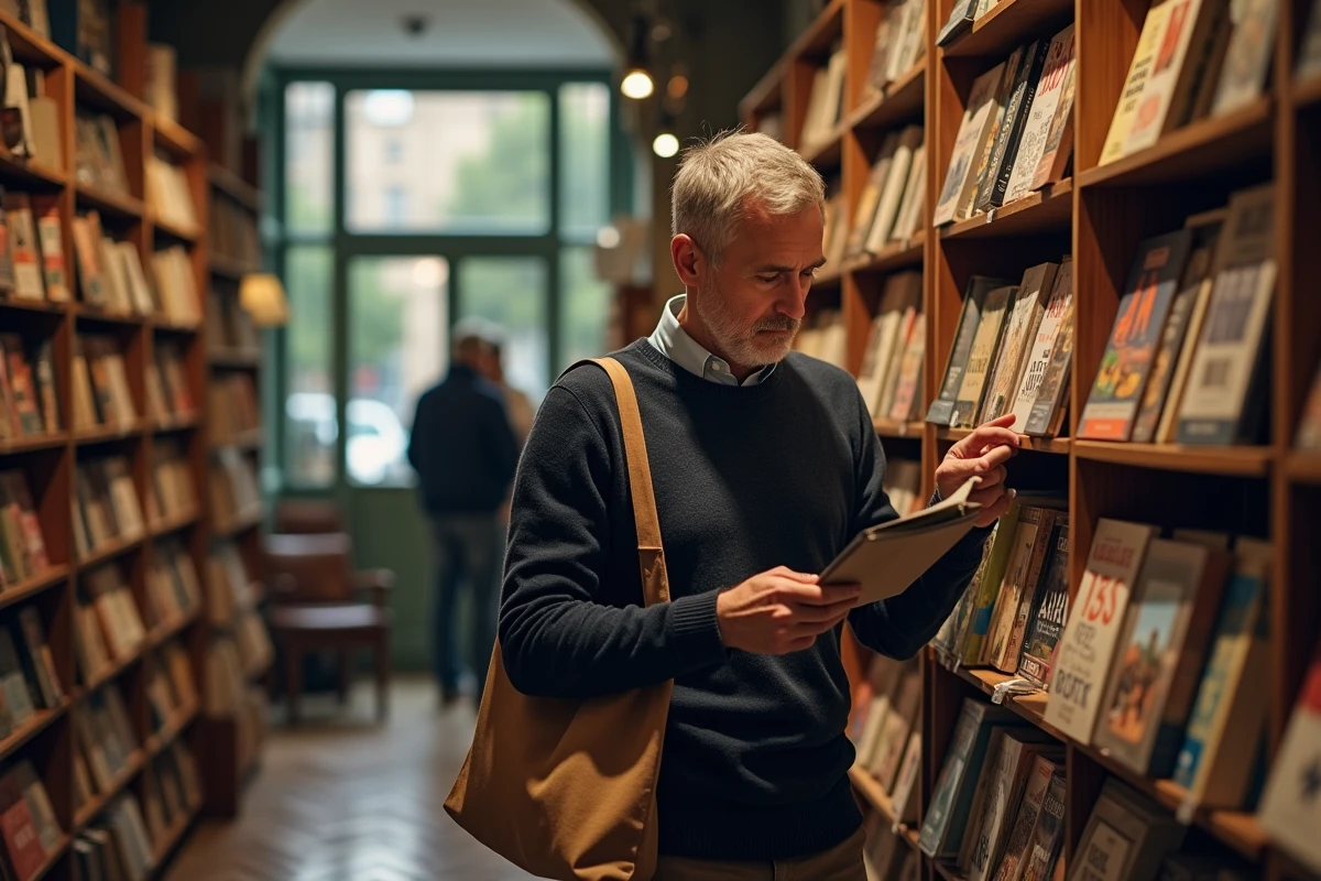 Homme qui feuillette des livres dans une librairie ouverte le dimanche pluvieux à Montpellier