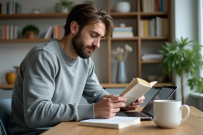 Homme lisant un livre de droit dans une cuisine moderne