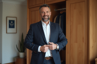 Homme d'âge moyen en blazer navy dans une chambre moderne