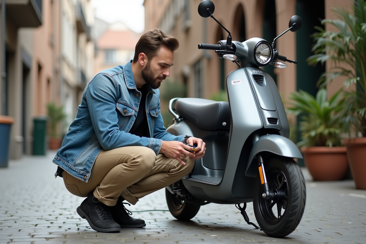Homme de 28 ans modifiant un scooter Dax en extérieur