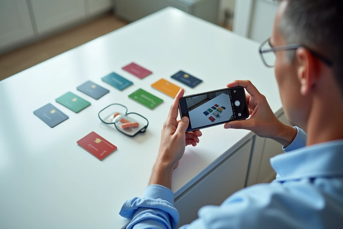 Homme photographiant des télécartes de collection avec un smartphone pour les vendre en ligne