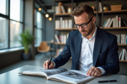 Homme d'âge moyen étudiant un portfolio dans un bureau moderne