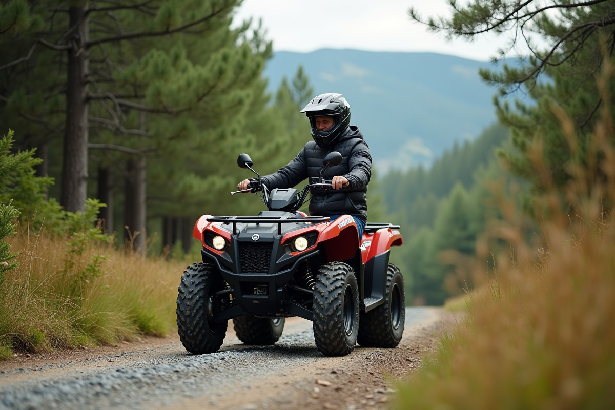 Homme en équipement outdoor inspectant un quad en forêt