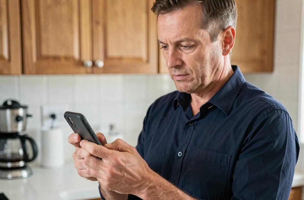 Homme consultant son smartphone pour récupérer l'accès à son compte de rencontre après une longue période d'inactivité