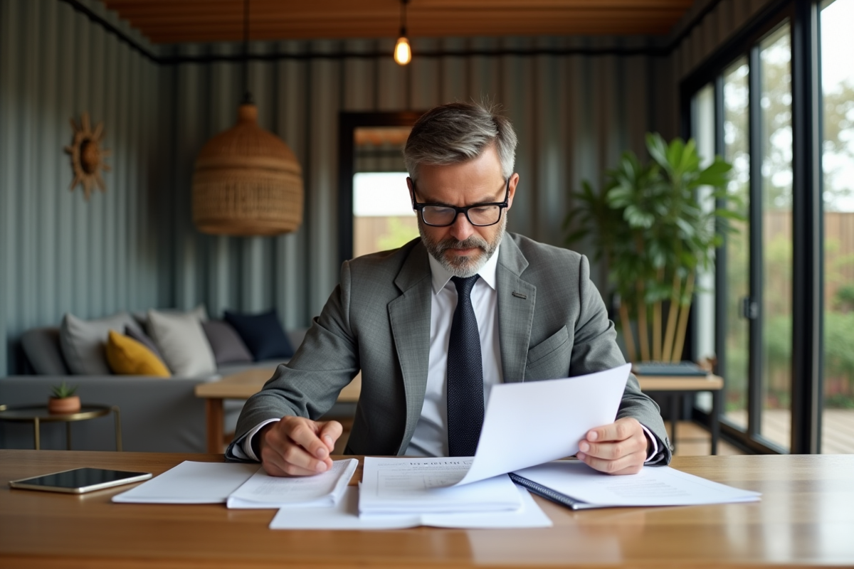 Homme d affaires examine documents dans container moderne
