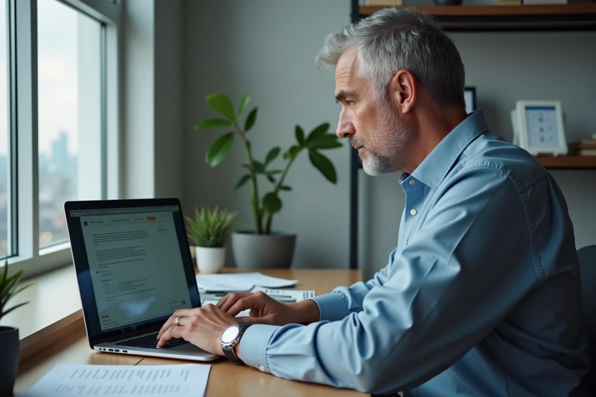 Homme d âge moyen scannant une attestation d hébergement sur son ordinateur