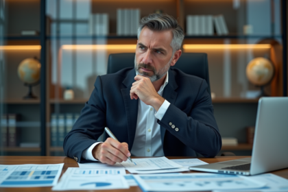 Homme d'affaires en costume dans un bureau avec cartes et rapports