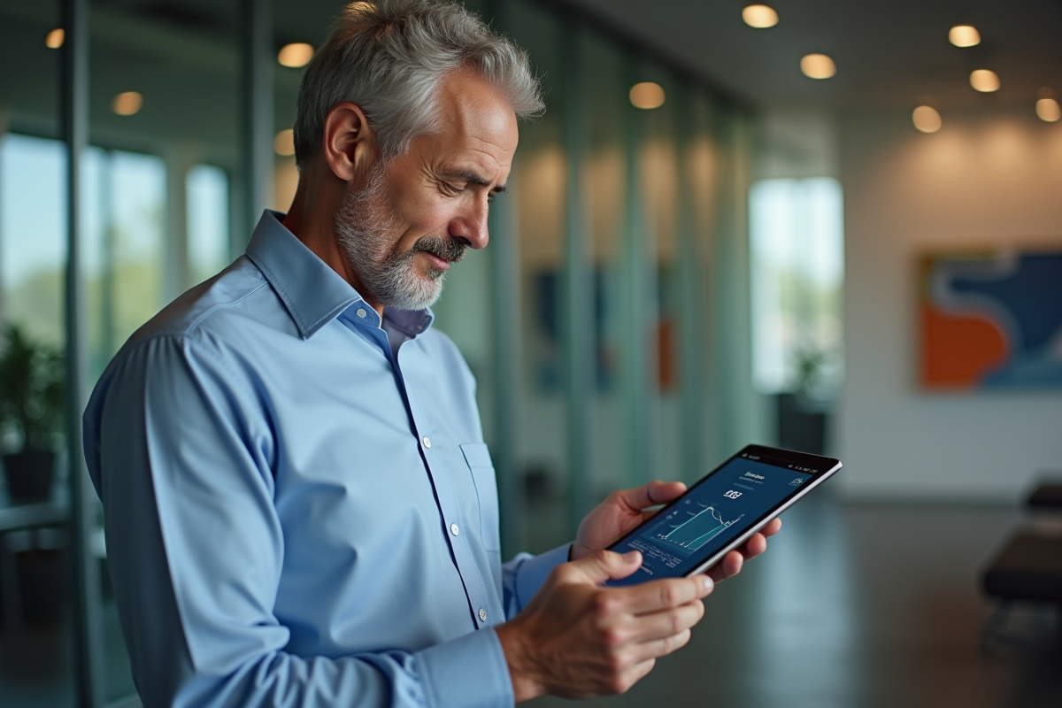 Homme d age interactant avec un site financier sur une tablette dans un bureau moderne