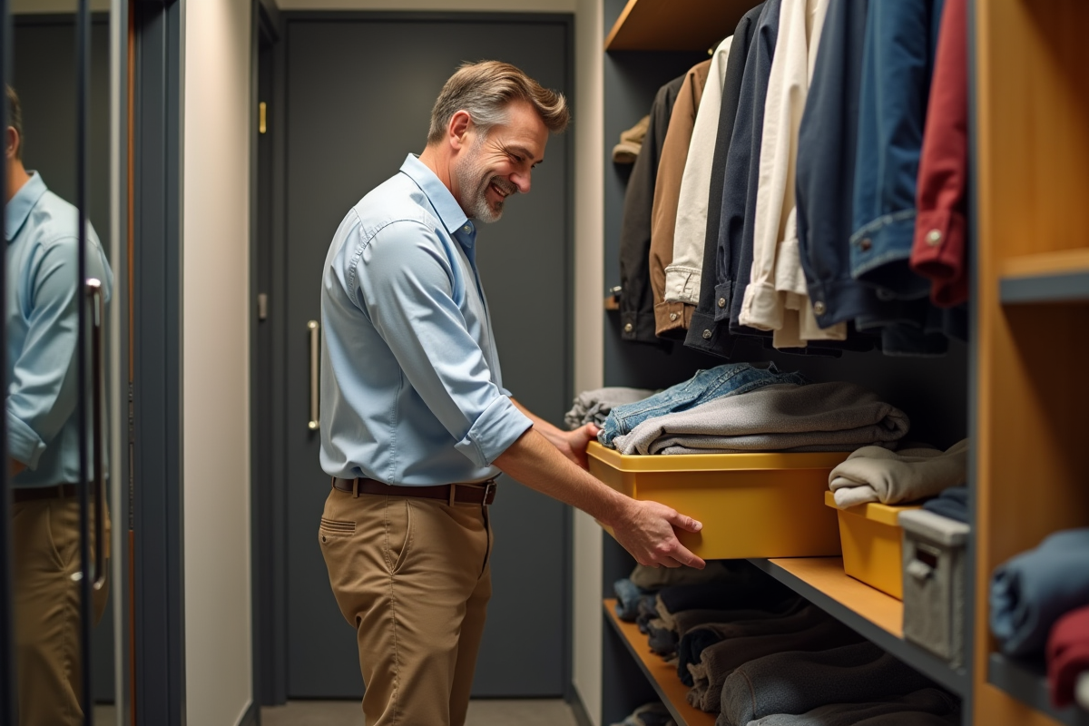 Homme triant ses vêtements dans un placard pratique et coloré