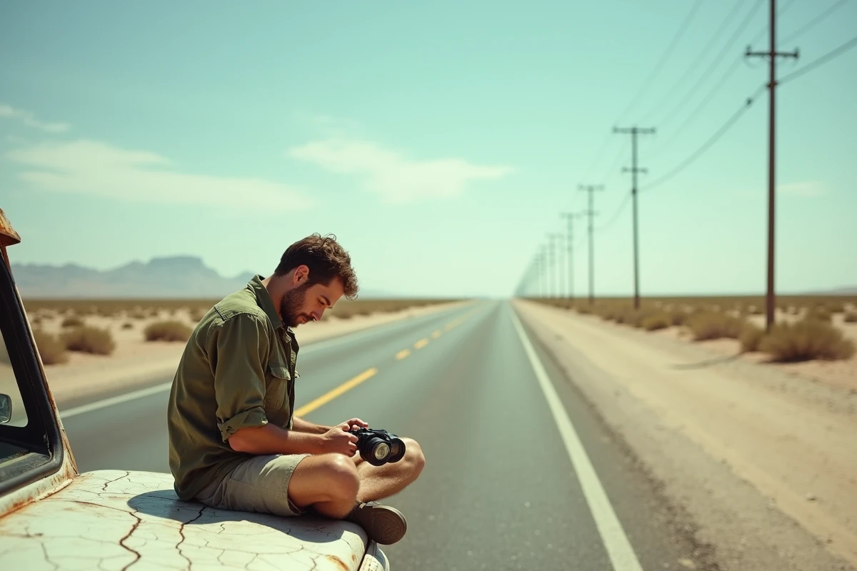Homme rewinding un appareil photo jetable réutilisable assis sur le capot d'un van en plein désert lors d'un road trip