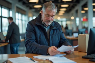 Homme vérifiant des documents à un comptoir postal