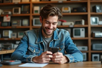 Homme souriant examinant un vieux téléphone vintage dans une boutique