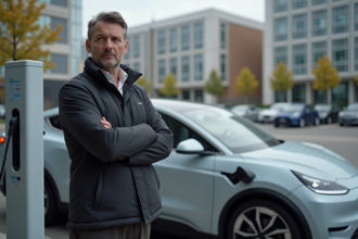 Homme pensif à côté d'une voiture électrique en ville