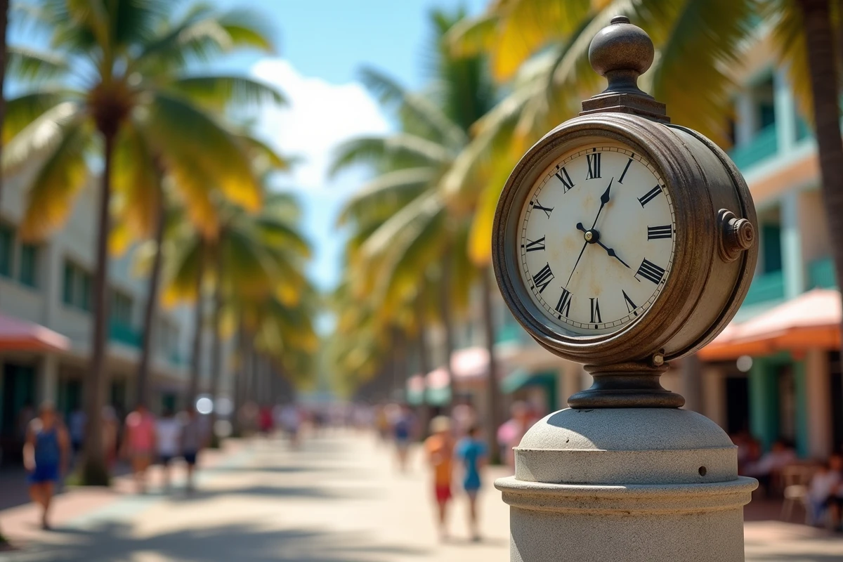 Horloge publique ancienne sur la Place des Cocotiers à Nouméa indiquant l'heure locale en Nouvelle-Calédonie