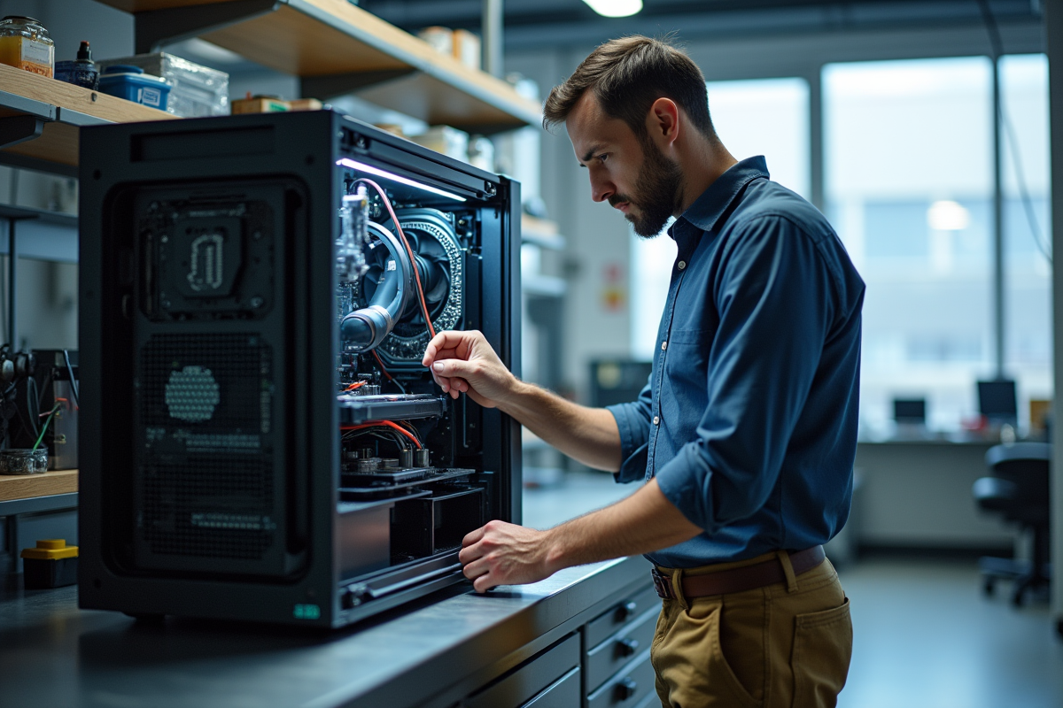 Ingénieur informatique ajustant des circuits dans un laboratoire hightech
