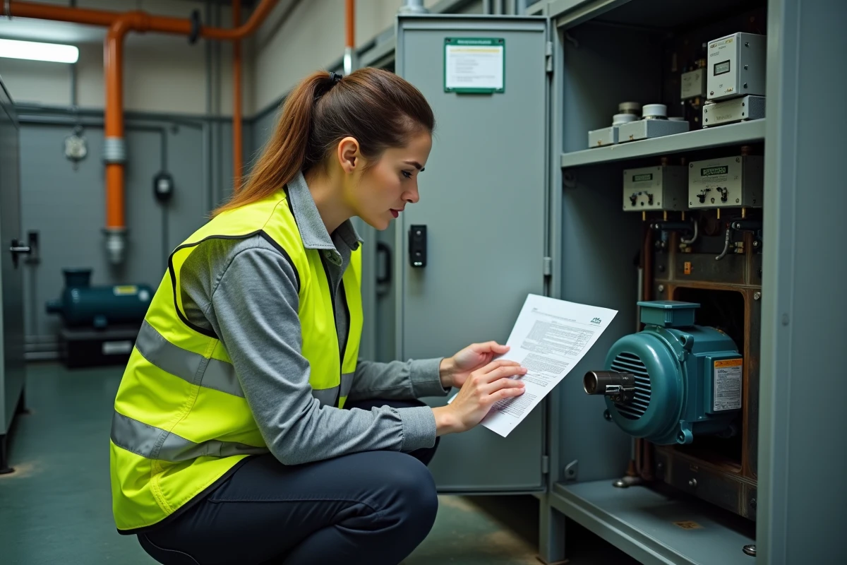 Ingénieure terrain consultant une fiche technique devant un moteur asynchrone installé dans une armoire électrique
