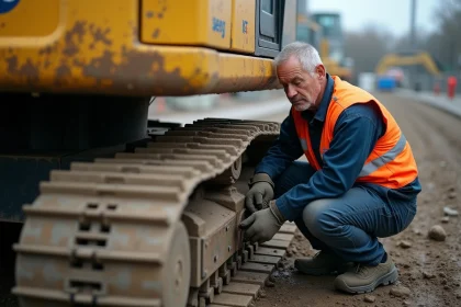 Technicien de maintenance inspectant le train de roulement d'une pelle mécanique sur un chantier de construction