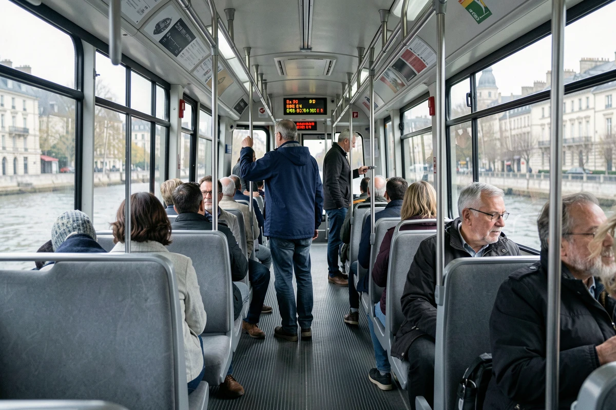 Intérieur du tramway ligne F de Bordeaux avec des passagers et l'affichage numérique des prochains arrêts