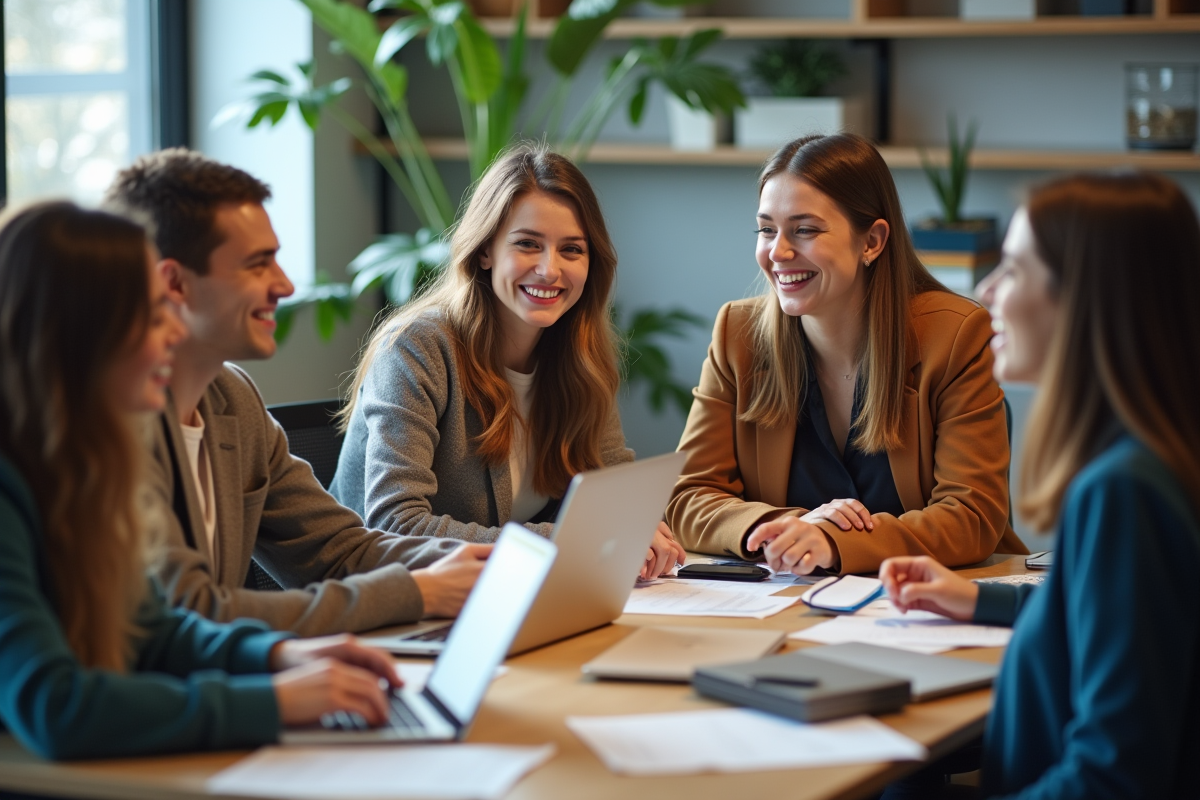 Jeunes stagiaires discutant en équipe dans un espace de travail