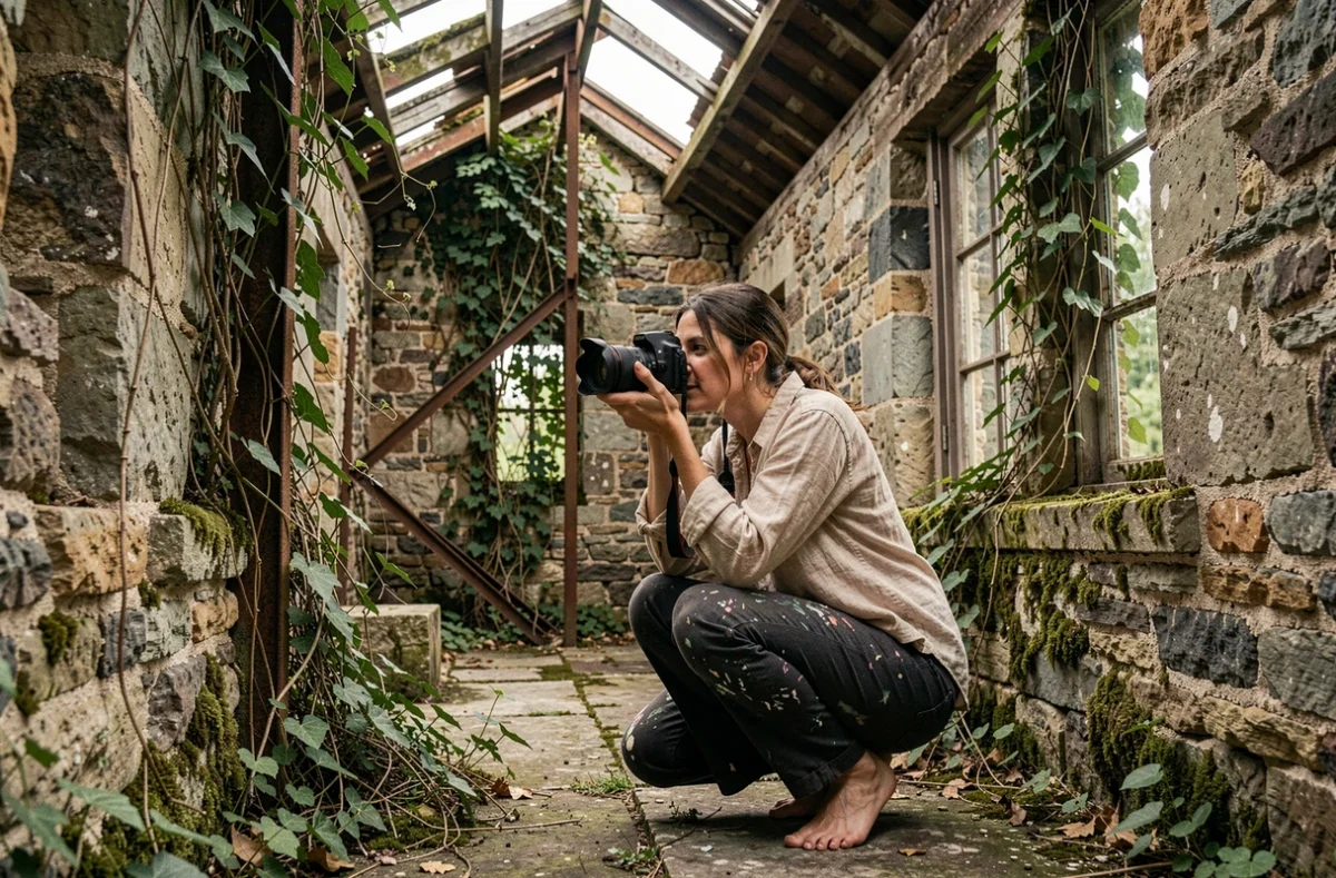 Jade Riffault adoptant une approche artistique dans un moulin abandonné de l'Yonne